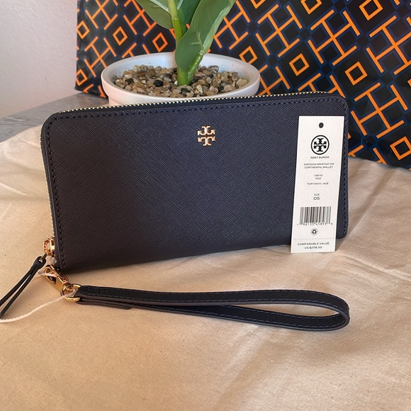 New, tory burch leather emerson wristlet zip continental wallet navy - Picture 5 of 12